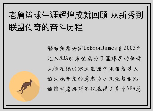 老詹篮球生涯辉煌成就回顾 从新秀到联盟传奇的奋斗历程