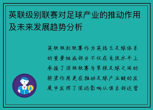 英联级别联赛对足球产业的推动作用及未来发展趋势分析