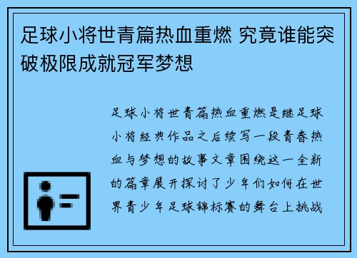 足球小将世青篇热血重燃 究竟谁能突破极限成就冠军梦想